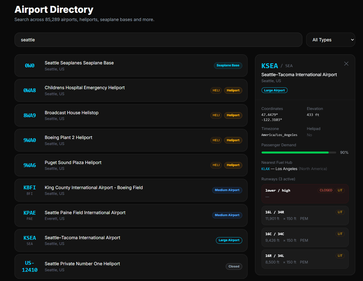 Airport directory — search 85,289 airports, heliports and seaplane bases