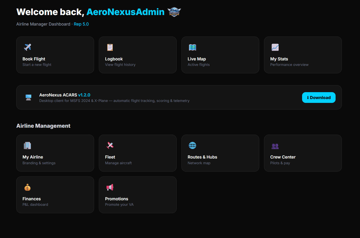 AeroNexus dashboard — airline management home