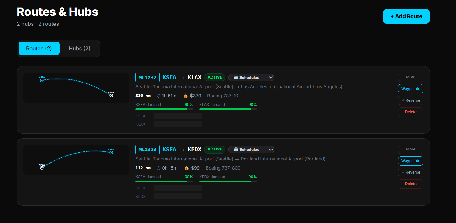 Routes & Hubs — route planning with live demand scores